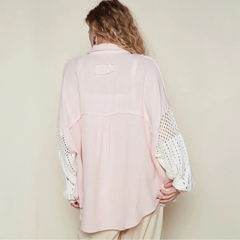 POL Oversize Button Down Sweater Sleeve Gauze Shirt - Picture 5 of 7